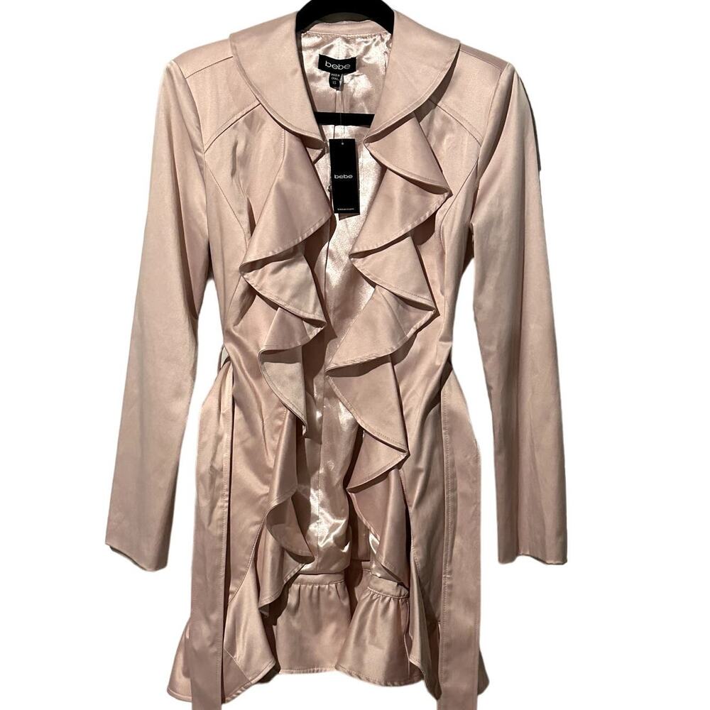 BeBe NWT Ruffle Detail Pink Feminine Designer Trench Coat Women's XS**Stunning!